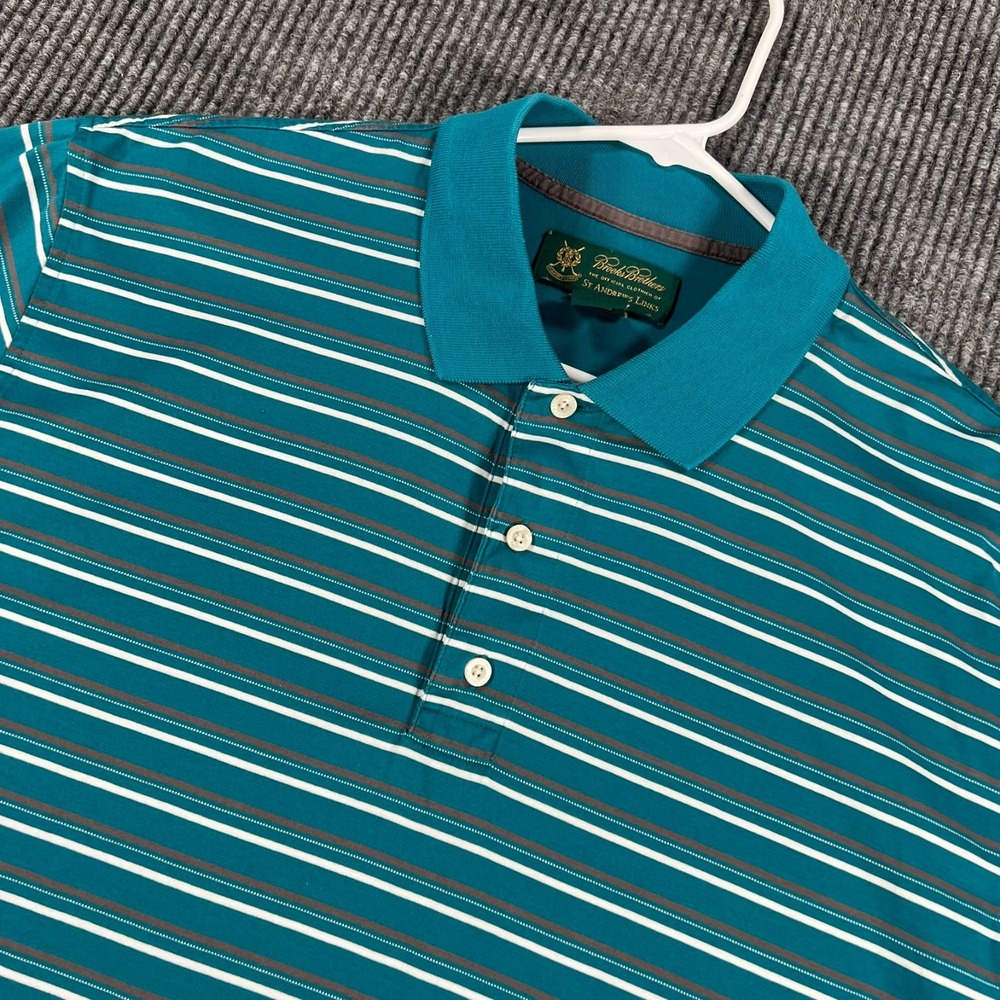 Brooks Brothers Polo Shirt Mens Large Blue Striped Short Sleeve St. Andrews Link